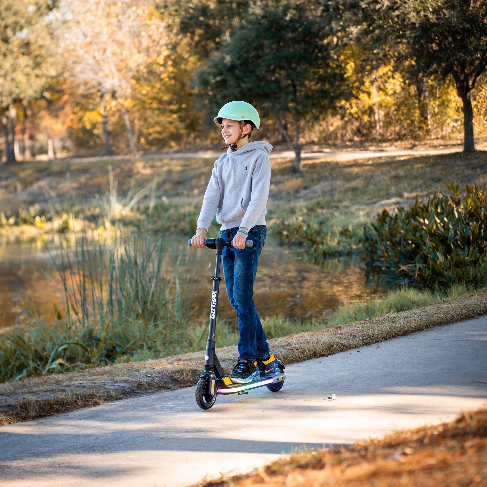 GOTRAX XR Glow Kids Electric Scooter, 10 MPH, 11 Miles Long Range, LED Light-Up Deck, Foldable, Ages 6+