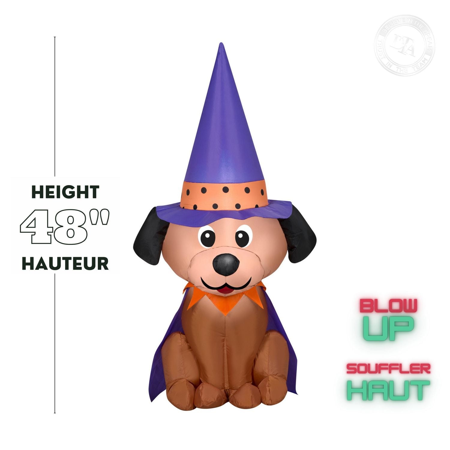 Chien gonflable Gemmy Halloween avec chapeau de sorcière