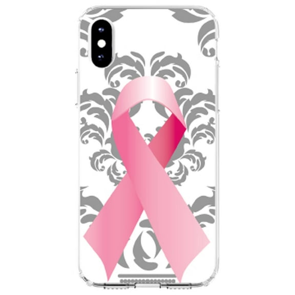 DistinctInk Clear Shockproof Hybrid Case for iPhone XR (6.1" Screen) - TPU Bumper, Acrylic Back, Tempered Glass Screen Protector - Grey Damask Pink Ribbon - Breast Cancer Awareness