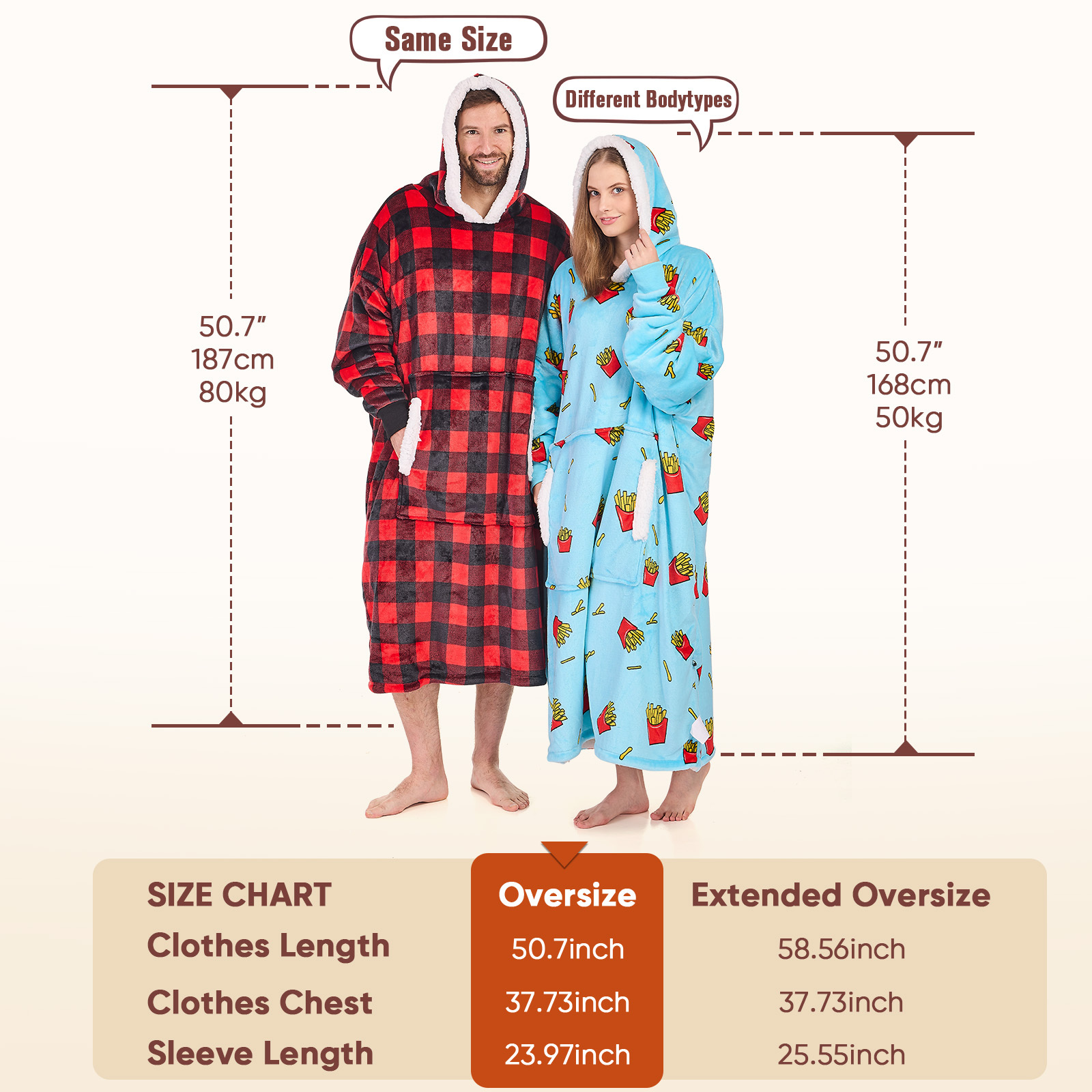 PMONPA Wearable Blanket Hoodie, Flannel Sherpa Fleece, Warm and Cozy Giant Sweatshirt for Adult, Woman and Man, One Size Fits All (Chips)