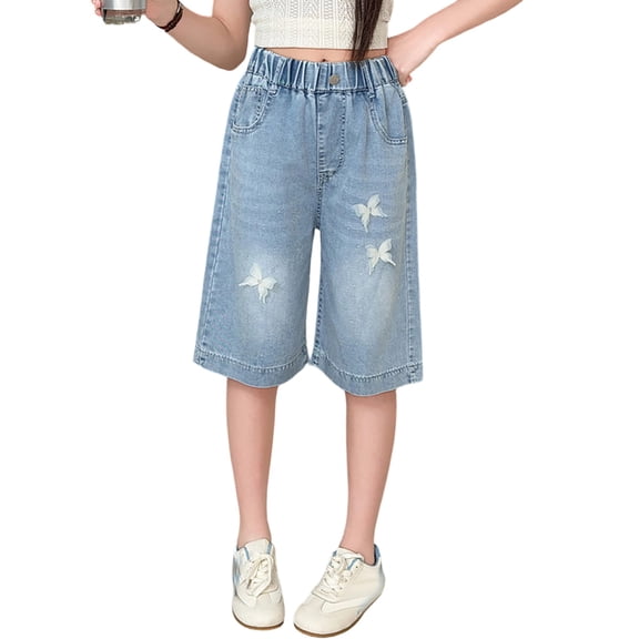 LIIPEE Girls Denim Shorts Summer Casual Solid Color Butterfly Decoration Elastic Waist Loose Fit Pockets Kids Fashion Versatile Breathable Cute Shorts,5-6 Years