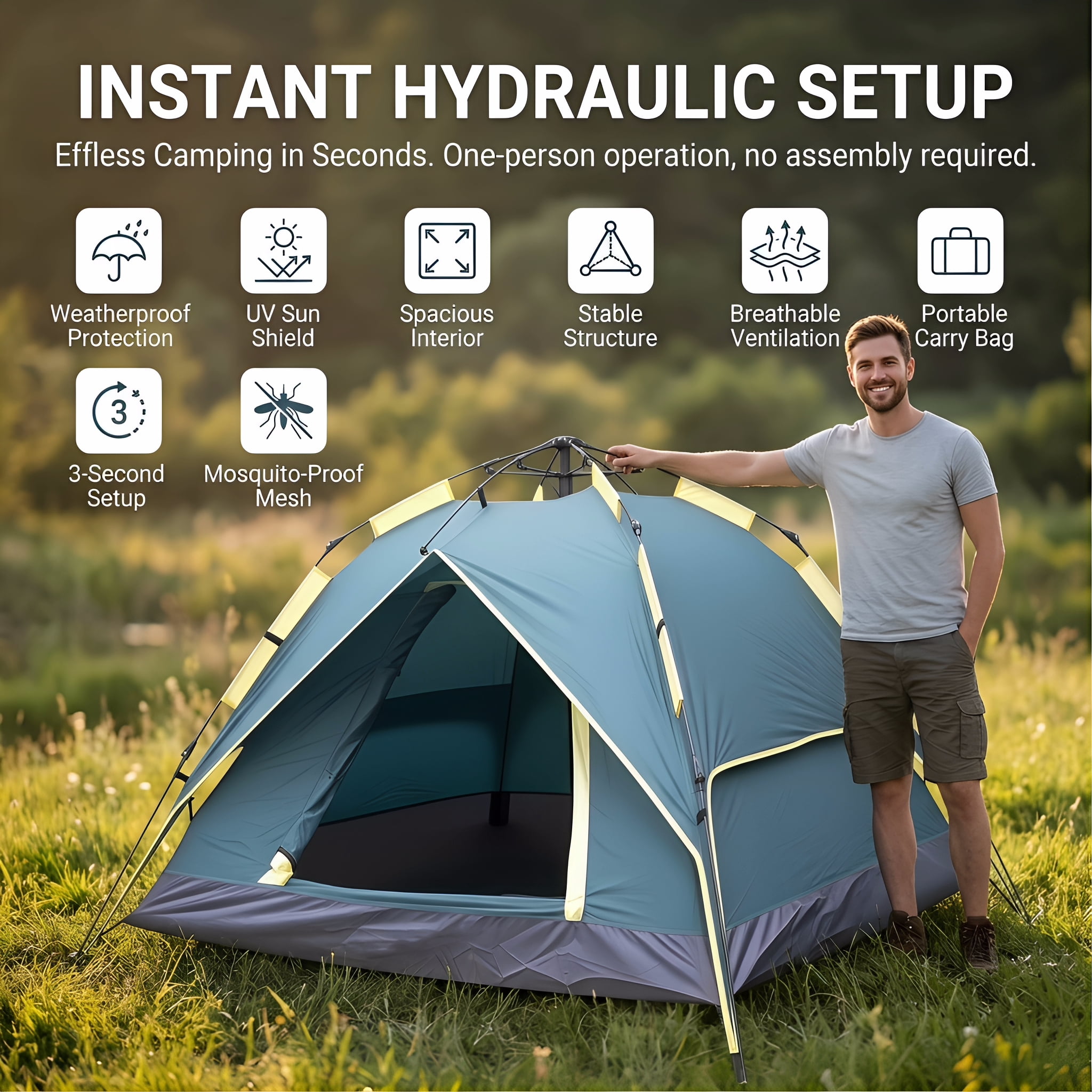 XL Instant Easy Pop Up Tents 3-Person Camping Tent, Plug and Play Tent, Fully Automatic Waterproof Family Camping Tent, Detachable Canopy Tent, Suitable for Beach Camping and Hiking