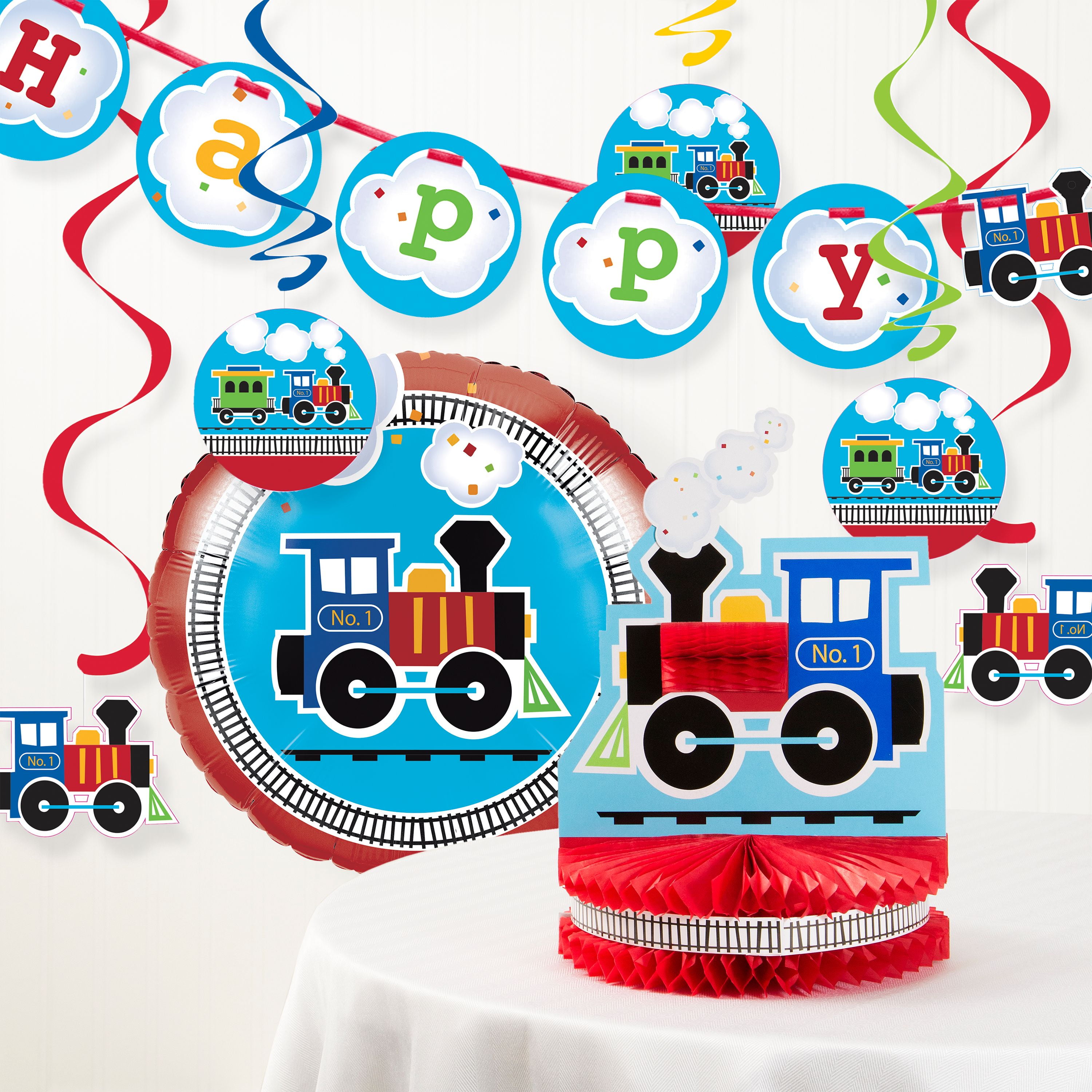 Boy 1st Happy Birthday ALL ABOARD jumbo letter 2 BANNERS car truck party supply 