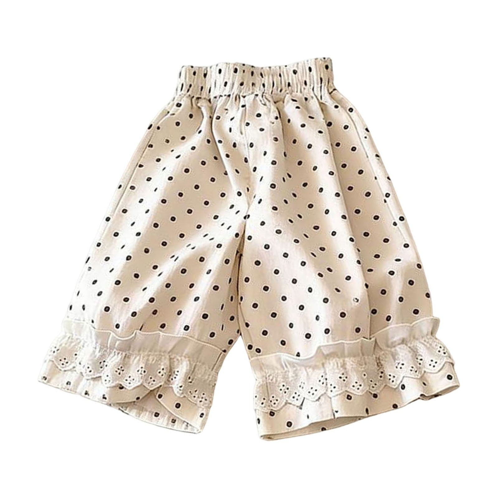 Pretxorve Kids Girls Wide Leg Pants Polka Dots Lace Border Loose Cropped Length Casual Bottoms Sizes 1-9Y