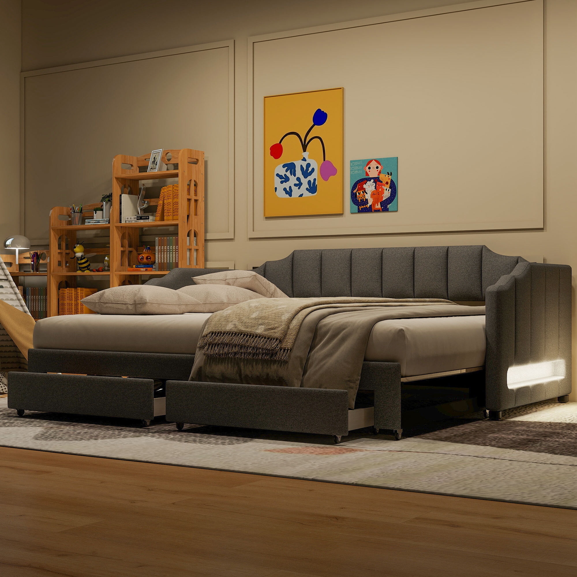 Euroco Upholstery Twin XL Extendable Daybed with Drawers & LED Lights, Convertible to King Size, Modern Beige Fabric, Multi-Functional Sleeper Sofa, Gray