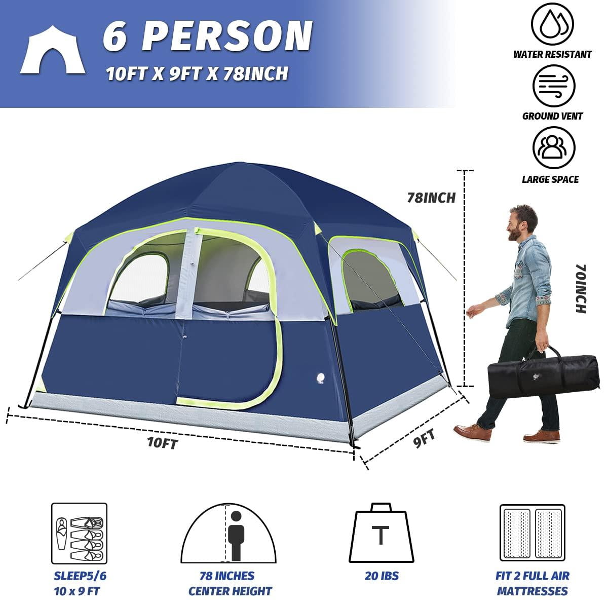 Tents 6 Person Waterproof Windproof Easy Setup Double Layer Family Camping Tent With 1 Mesh Door & 5 Large Windows -10'x9'x78in(h)