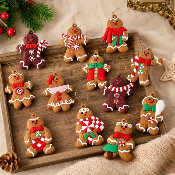 AZXY 12Pcs Gingerbread Man Ornaments for Christmas Tree, Wood Gingerbread Ornaments Hanging Decor for Xmas Tree, Cute Xmas Cookie Ornaments for Home Kitchen Party Winter Crafts