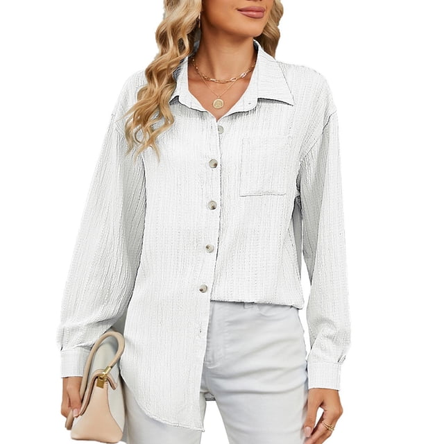 Timegard Formal Tops for Women Long Sleeve Lapel Neck Button Shirts Solid Color Work Casual Loose Tops