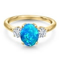 thumbnail image 3 of Gem Stone King 18K Yellow Gold Plated Silver Simulated Blue Opal and White Moissanite Engagement Ring for Women | 1.02 Cttw | Oval Cabochon 9X7MM | Gemstone October Birthstone | Size 8, 3 of 7
