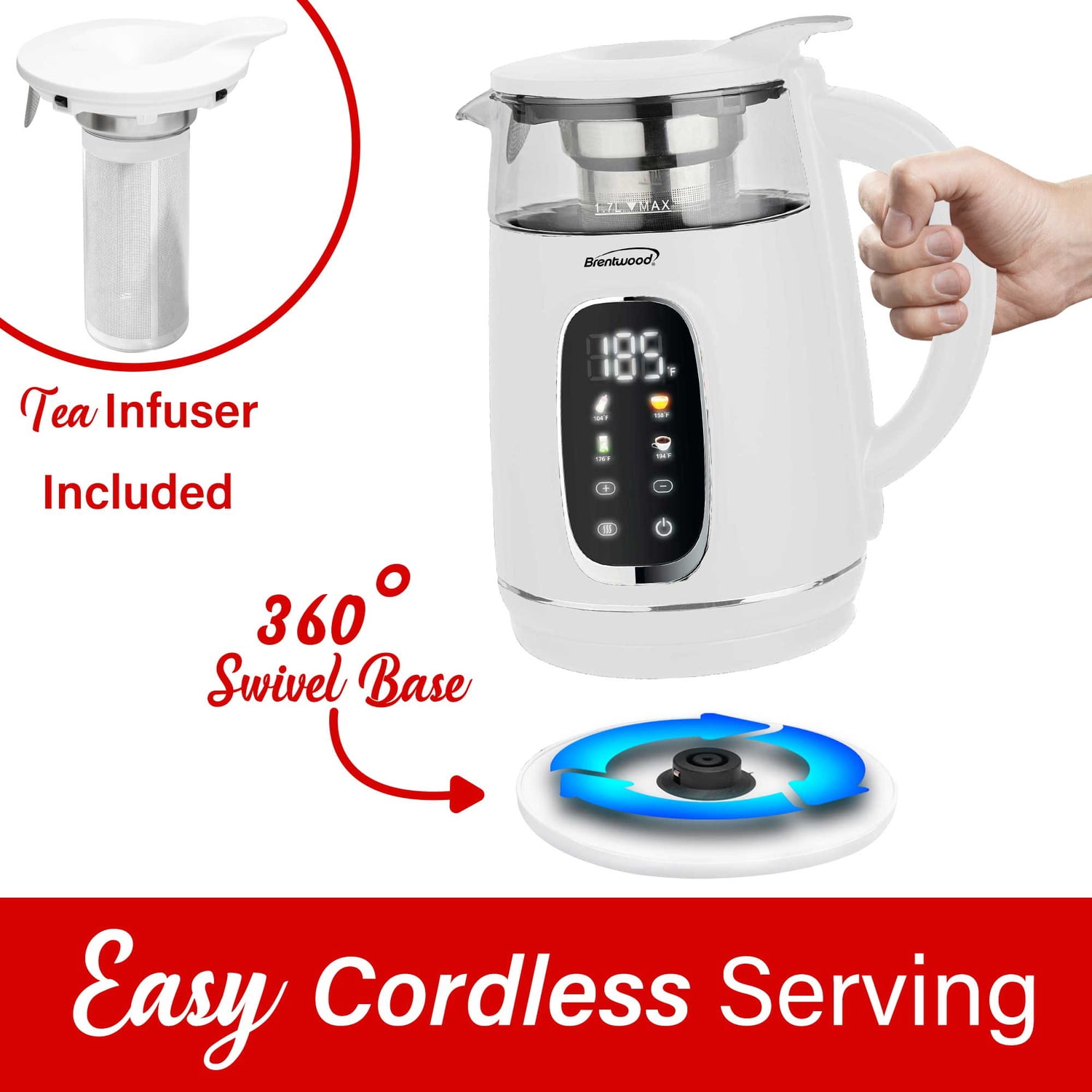 Brentwood 1,100-Watt 1.7-L Cordless Digital Glass Electric Kettle with Tea Infuser (White), KT-2018DW