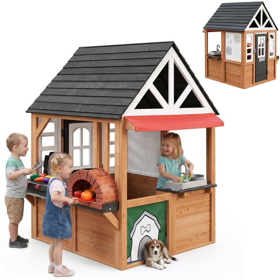 Outdoor Playhouse, Kids Playhouse with Play Kitchen, Kids Wooden Playhouse with Grill Oven, Bread Oven, Toddler Playhouse with Door, Windows, Doorbell for Kids Outdoor, Play House for Kids Ages 3