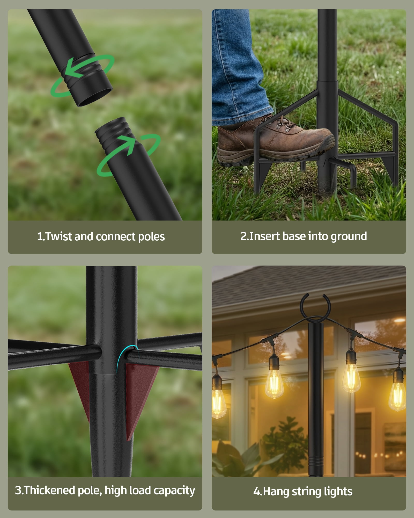 String Light Poles 2 Pack, Heavy Duty Outdoor Light Poles with Upgraded 5‑Prong Base, Anti‑Bending Stable Design for Backyard Patio Garden Wedding Party Decoration
