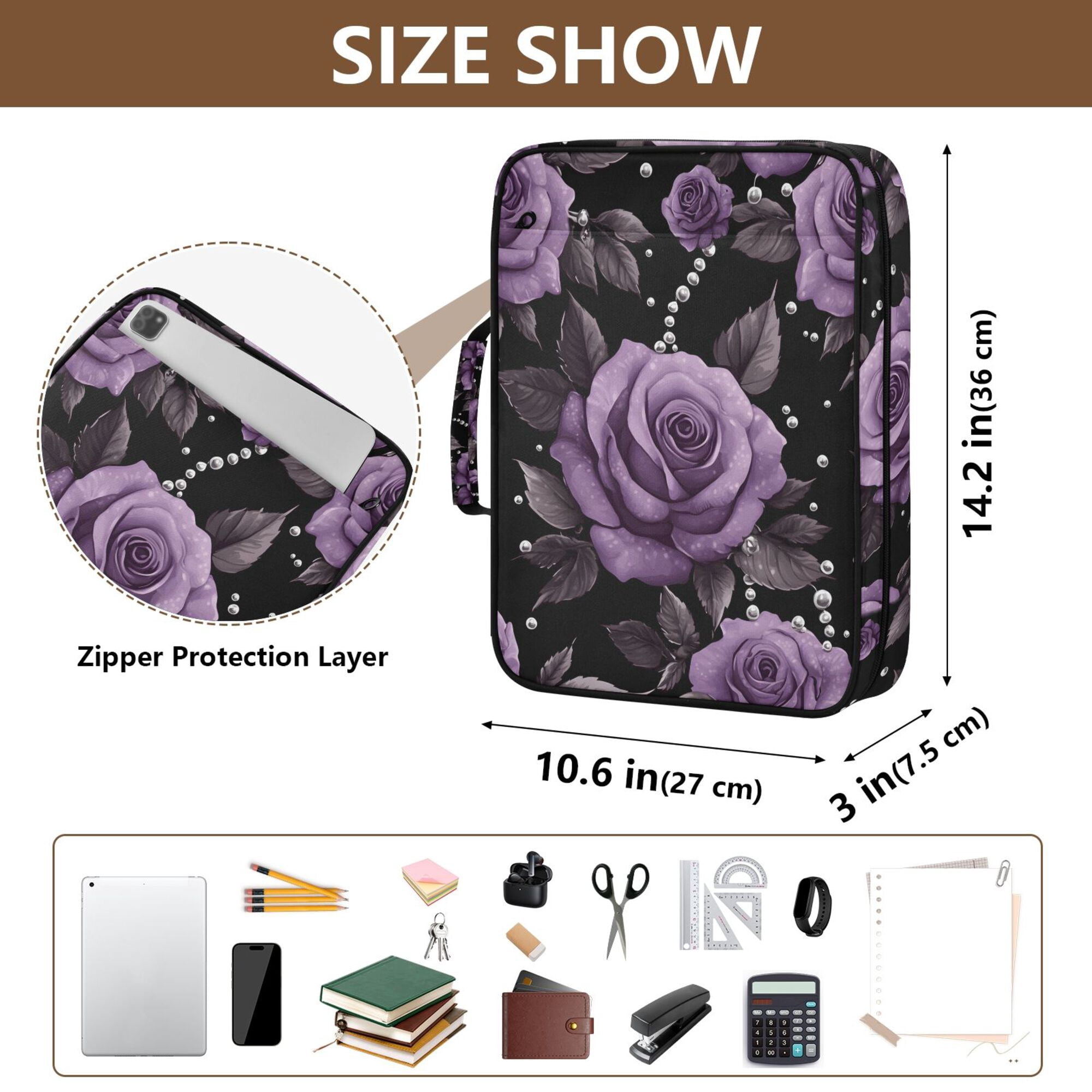 FORMRS Accordion File Folder A4 Size 7-Pocket Expanding Document Organizer Bag with 3 Ring Binder, Black Roses
