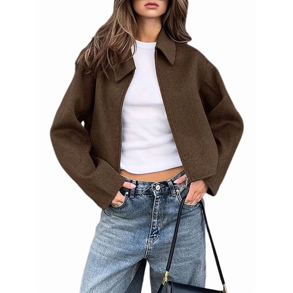 Women Cropped Wool Jacket Warm Winter Fleece Jacket Zip Up Short Pea Coats with Pockets Brown S