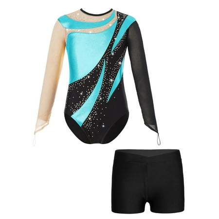 Sholeno Kids Girls Sparkly Rhinestones Mesh Long Sleeve Gymnastics Ballet Dance Leotard Bodysuit with Turquoise&Black 10