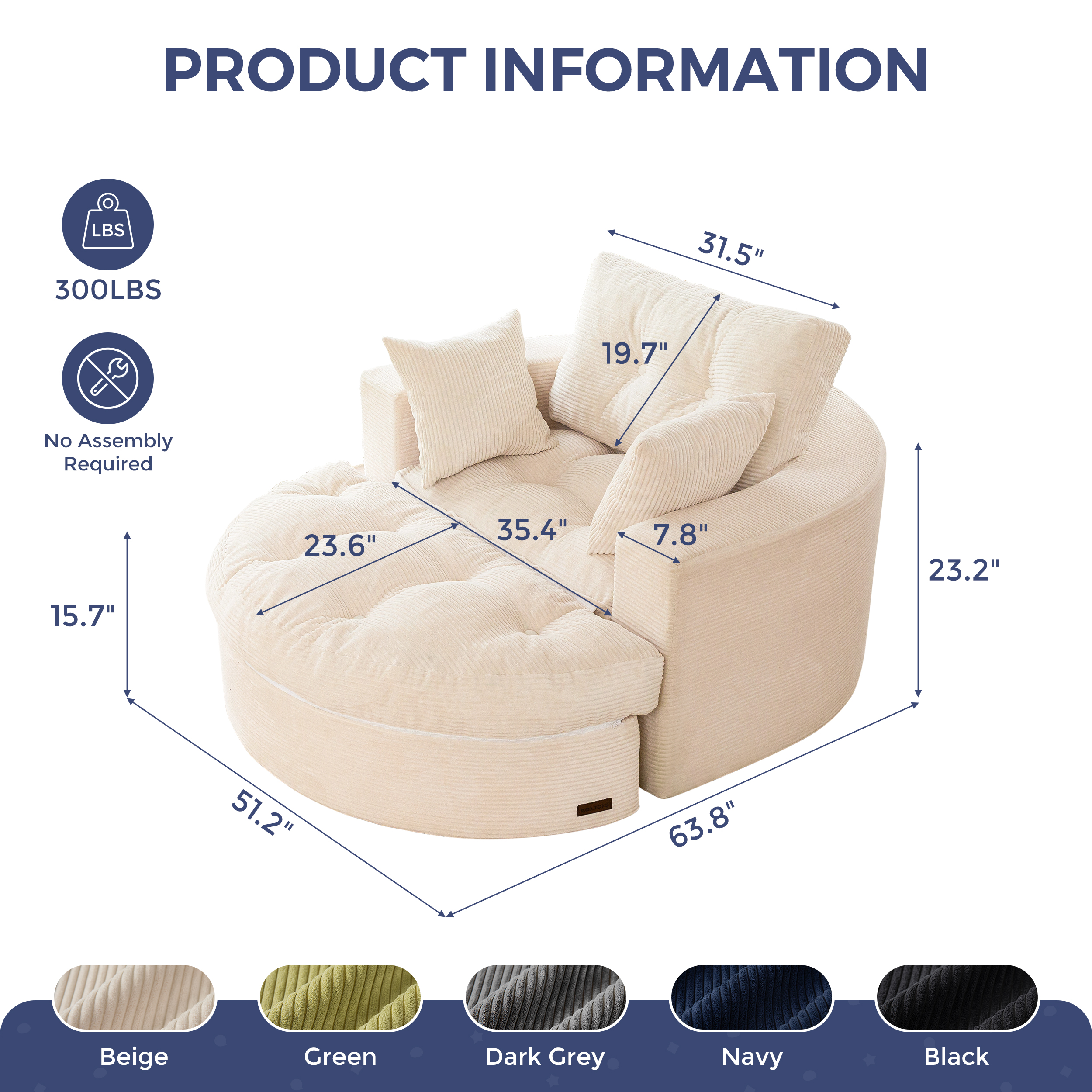 BYBYME 49" Round Chaise Lounge Chair, Beige photo 2