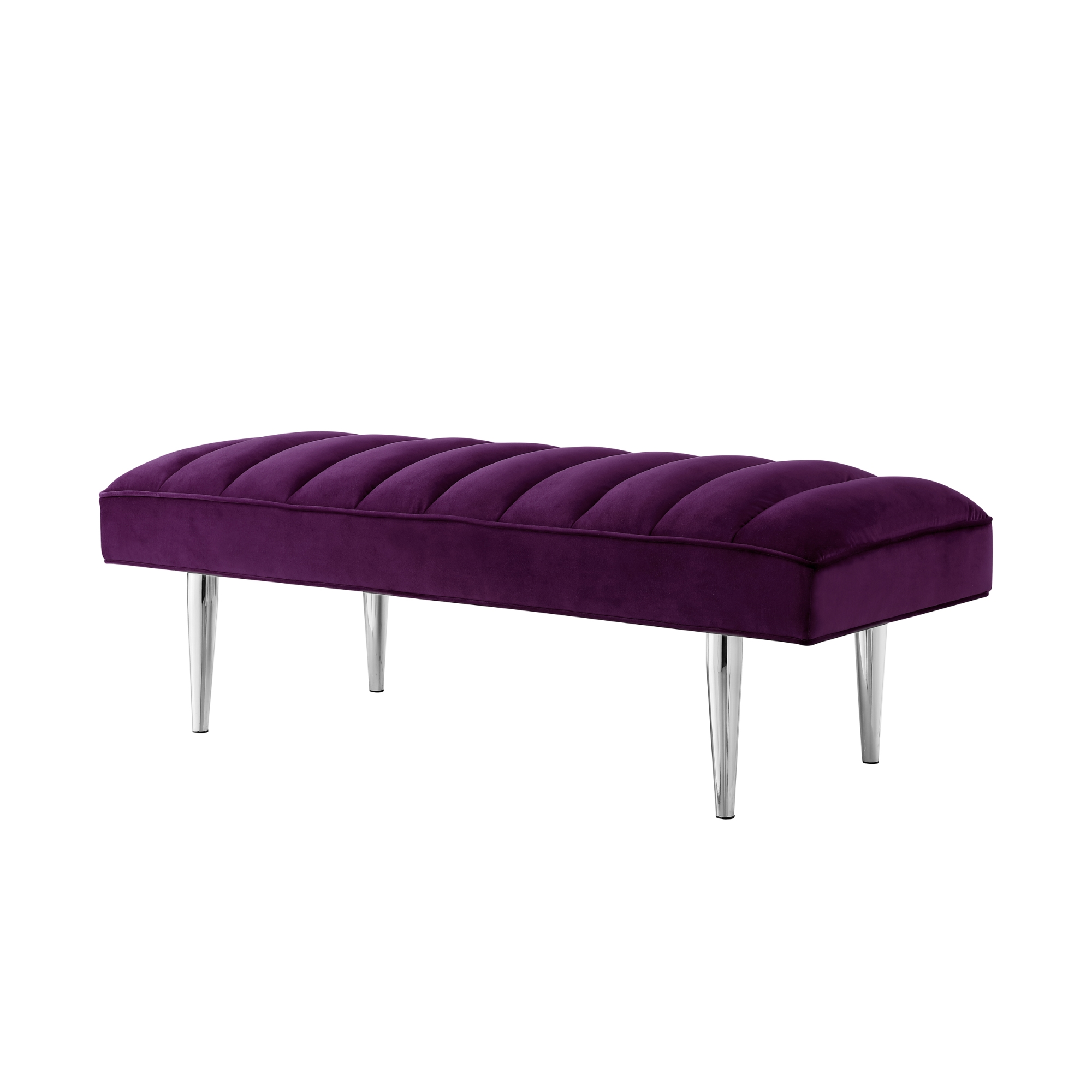 Bodie Purple/Chrome Velvet Bench - Upholstered, Channel Tufted, Tapered Mirrorred Lacquer Finish Stainless Steel Legs