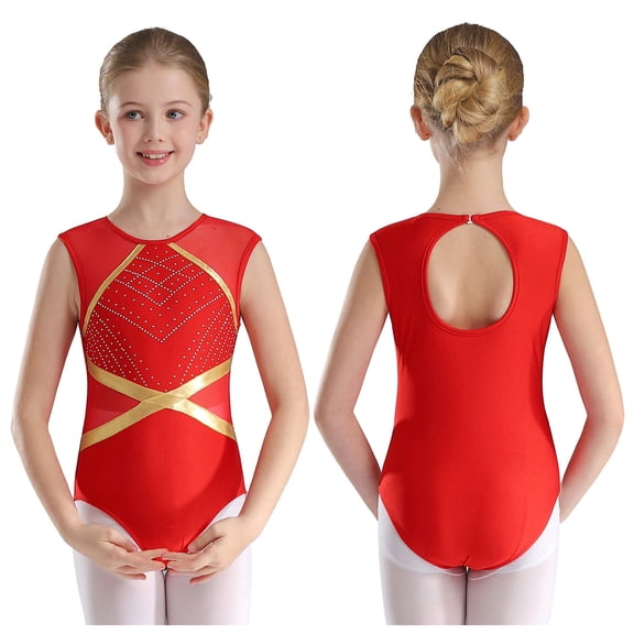 iixpin Girls One Piece Gymnastics Leotards Sparkle Ballet Outfit Tumbling Sleeveless Dance Unitard 6-16 Years Red 10