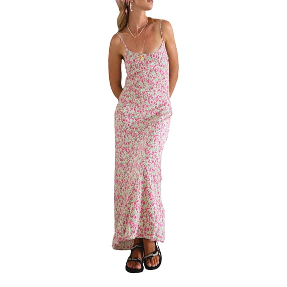 Coduop Women Floral Print Spaghetti Strap Backless Dress Long Bodycon Cocktail Dress