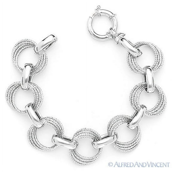 21mm 4-Circle Link & Thick Cable Chain Bracelet in .925 Sterling Silver w/ Rhodium