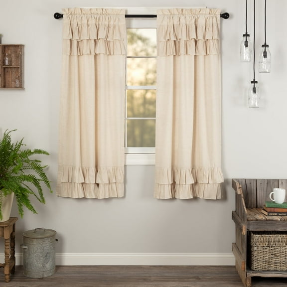 VHC Brands Simple Life Flax Natural Country Farmhouse Window Curtain Ruffled Short Panel Set of 2 63x36