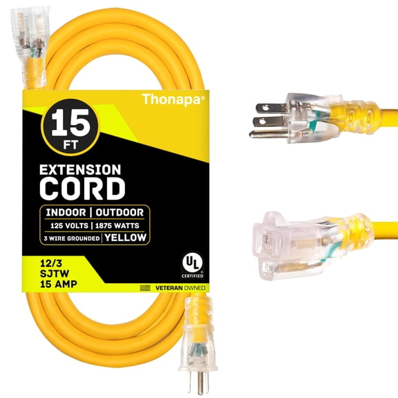 Thonapa Lighted Outdoor Extension Cord 15 ft - 12 Gauge 15 Amp Heavy Duty Power Extension Cords - SJTW - Great for Major Appliances, Power Tools, Garden Supplies - Yellow