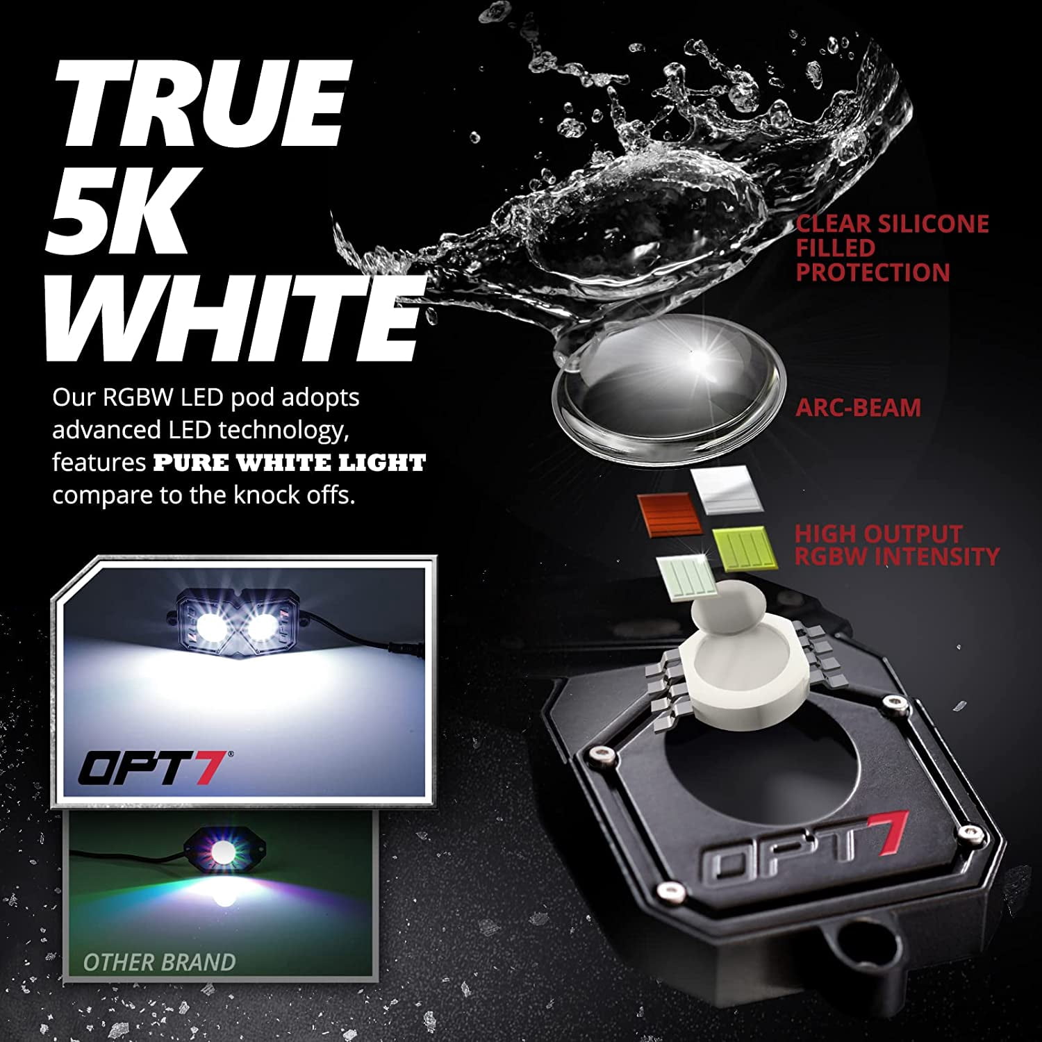 OPT7 Quantum Pro RGBW LED Rock Lights with Bluetooth APP Control, 4 Pods Wide Angle Multicolor Neon Underglow Lighting Kit with Extension Wire, IP68 Waterproof for Offroad Truck Jeep RZR ATV UTV SUV