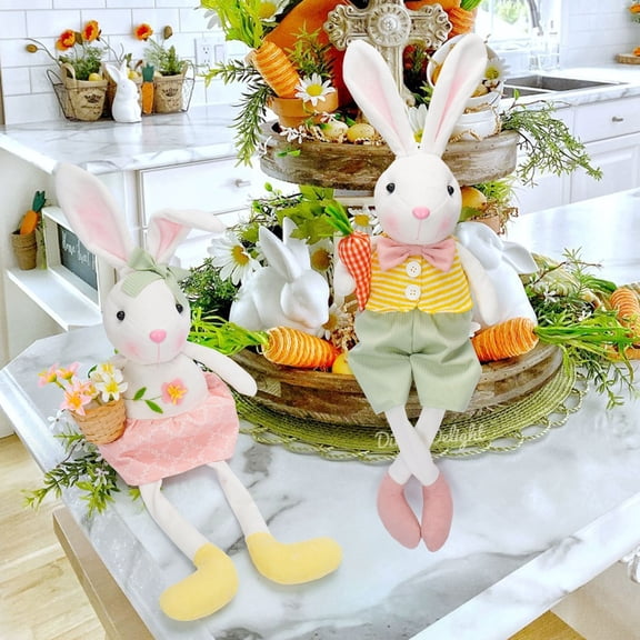 HOARBOEG Easter Bunny Plush Toy Holding Carrot with Flower Basket, Soft Stuffed Animal Doll for Easter Decorations, Cute Home Decor for Table Shelf Fireplace, Easter Gift(11x7.9x4.7in)