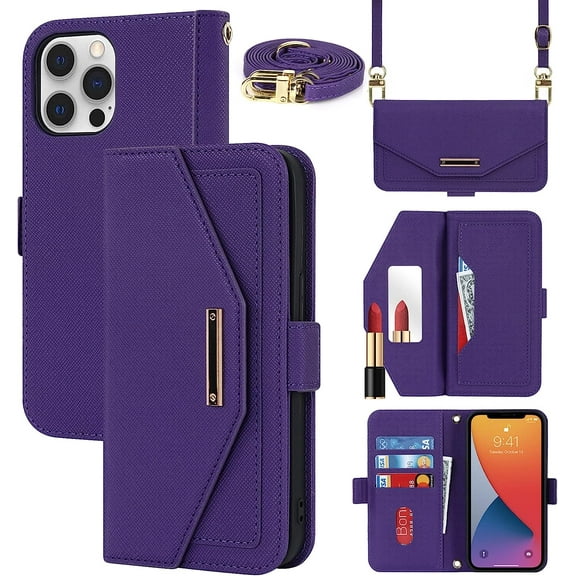 Crossbody Wallet for iPhone 12 Pro Max Case with Adjustable Lanyard Strap Credit Card Holder 6.7",PU Leather Handbag Purse Kickstand Make Up Mirror Cover Case for Men Women Girl,Purple