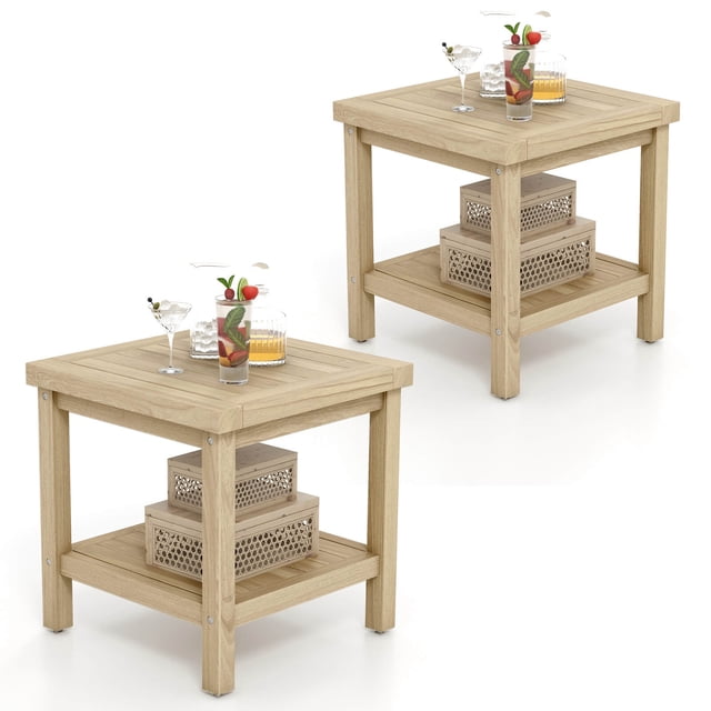 Costway 2 Pcs Table d'Appoint Extérieur à 2 Niveaux, Table d'Extrémité en Bois de Teck avec Tablette de Rangement Naturel
