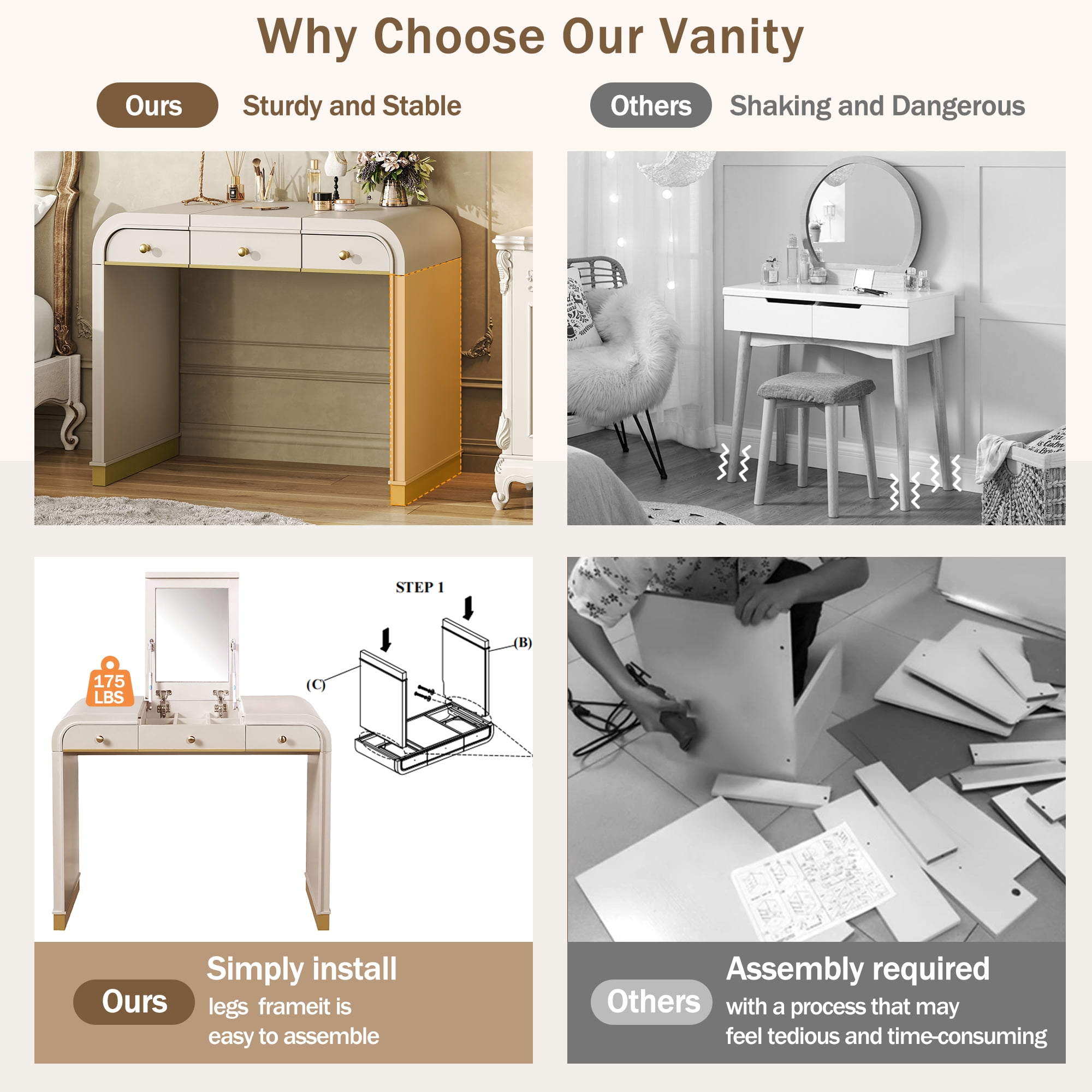 Mintazer Classic Wood Vanity Set with Flip Mirror, 3-in-1 Dressing Table with 2 Drawers & Storage Space, Makeup Vanity Desk for Bedroom, Champagne
