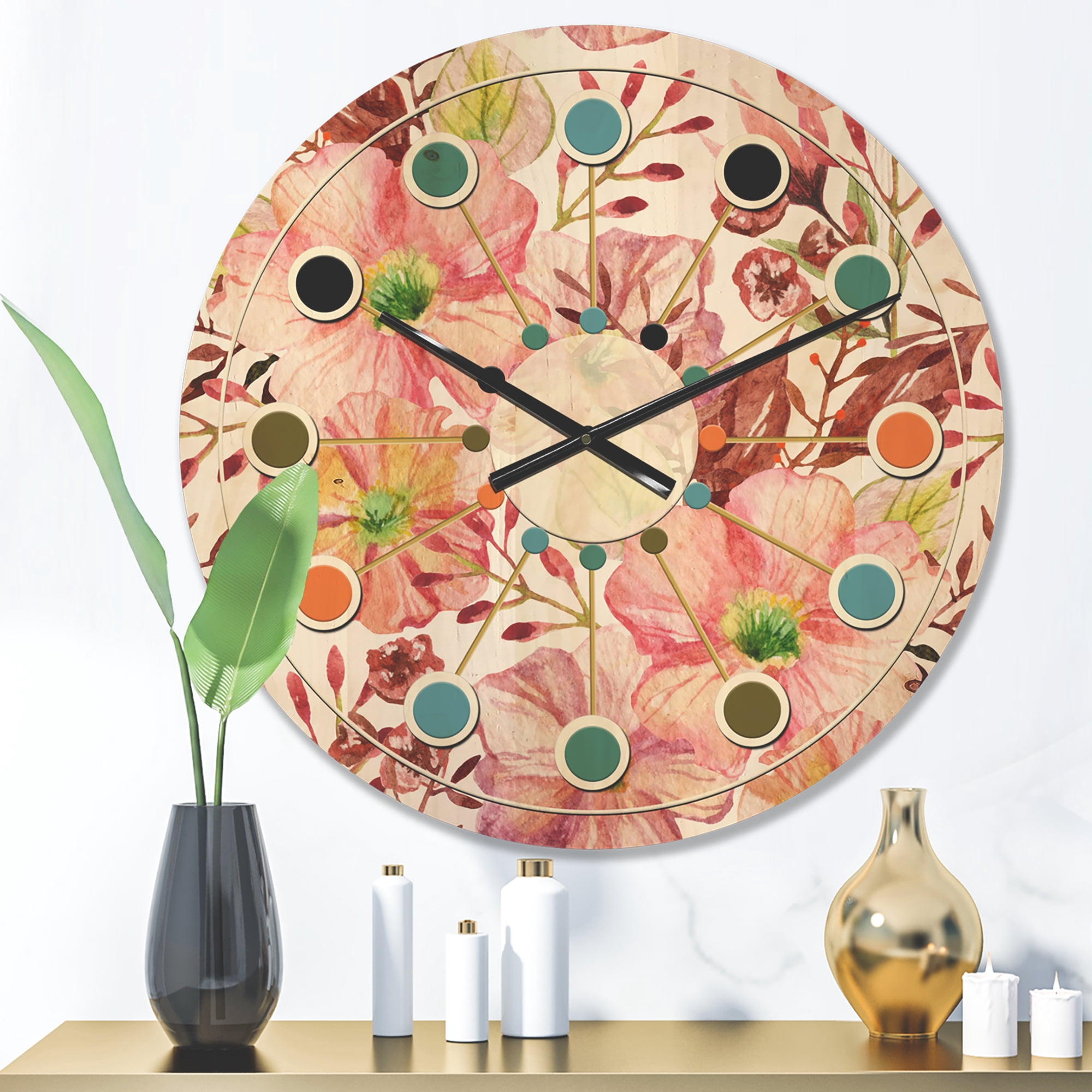 Designart 'Botanical Floral Retro II' Mid-Century Modern Wood Wall Clock