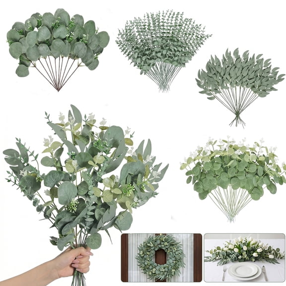Jiaroutk 100pcs Artificial Mixed Eucalyptus Stems Leaves Bulk,4 Kinds Mixed Artificial Greenery Stems for DIY Bouquets, Floral Arrangement, Centerpiece