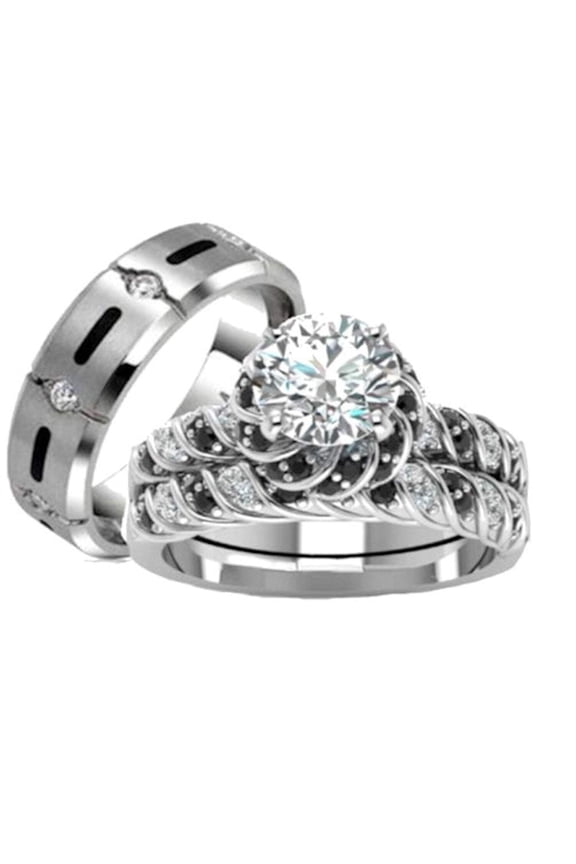 Solitaire Silver Diamond Engagement & Wedding Ring Set, 3 Piece