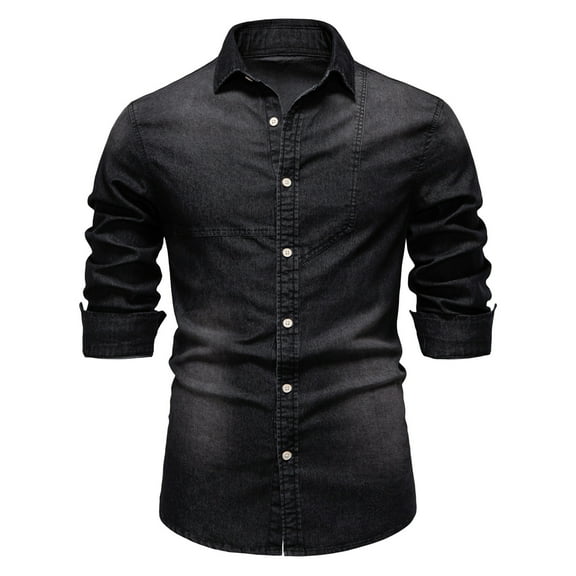 Mens Denim Shirts Fall Distressed Long Sleeve Collared Work Jean Jackets Slim Fit Work Office Tops With Pockets
