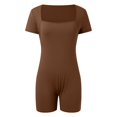 thumbnail image 3 of TTUHYWXI Women's Short Sleeve Bodycon Romper Stretchy Square Neck Sexy Unitard Jumpsuit (Brown, S), 3 of 5