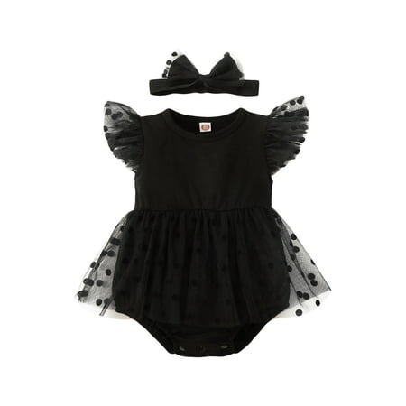 

Infant Baby Girls Romper Dress Dot Crew Neck Fly Sleeve Black Mesh Skirts Hem Jumpsuits Summer Bodysuits with Headband