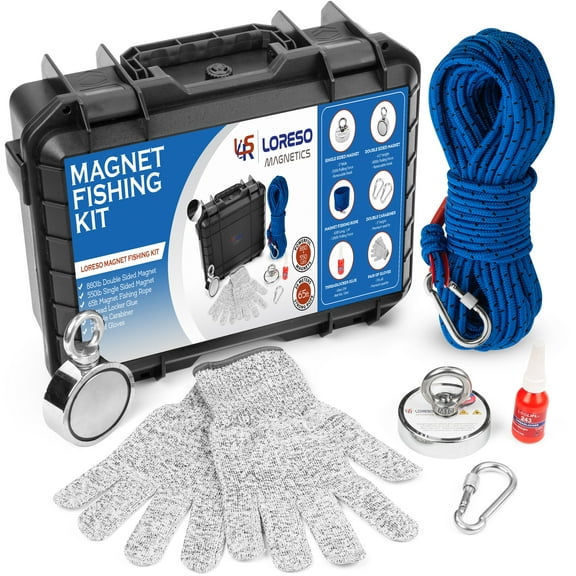 LORESO Magnet Fishing Kit with Case - Complete Magnets Fishing Kit Box with Double Sided Magnet 880lb, Single Sided 550lb, Rope Carabiner, Threadlocker & Gloves