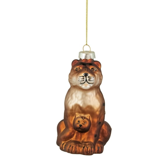 Lion and Cub Glass Christmas Ornament - 4" - Brown and Black