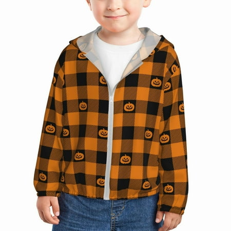 

Sun Hoodie for Kids halloween elements plaid pumpkins Long Sleeve Swim Fishing Shirts Sun Protection Zip Up Jacket Clothing Athletic Hoodie