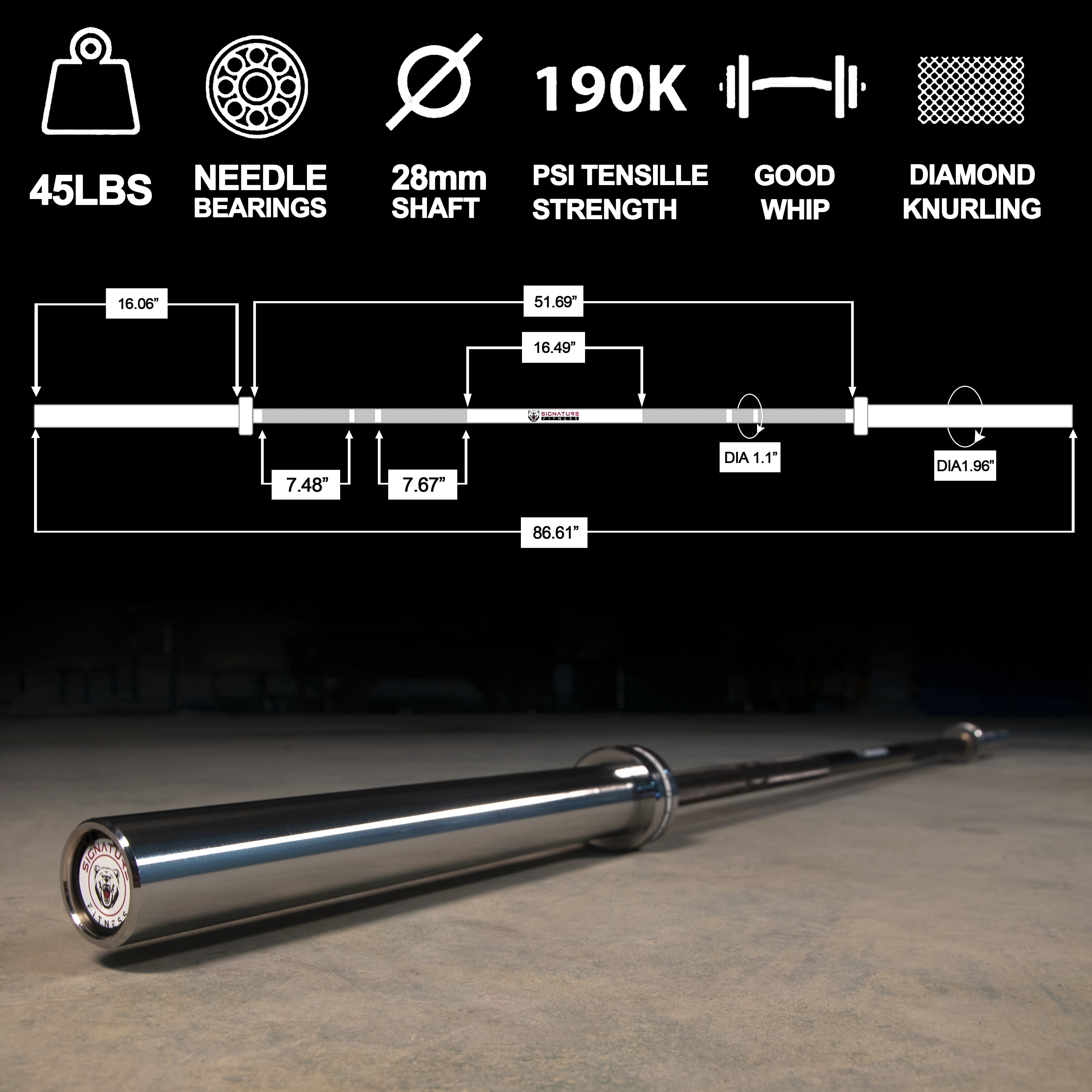 Bilanciere Olimpico Signature Fitness - Barra Per Sollevamento Pesi Cromata 2.2m, Professionale E Resistente - Foto 3