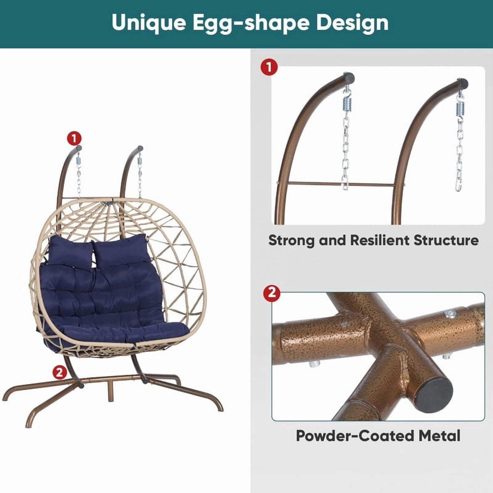 Double Swing Egg Chair with Stand,2 Person Indoor Outdoor Wicker Loveseat, Oversized Patio Hanging Basket Chair with Cushions, Cozy Sturdy Porch Swing for Backyard