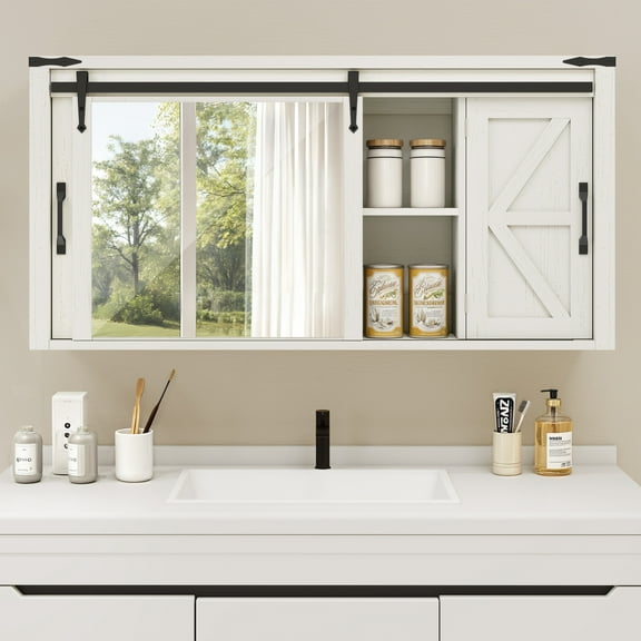 DEXTRUS 47.2" Wall Mount Medicine Cabinet with Mirror Sliding Door, Bathroom Storage Cabinet, White