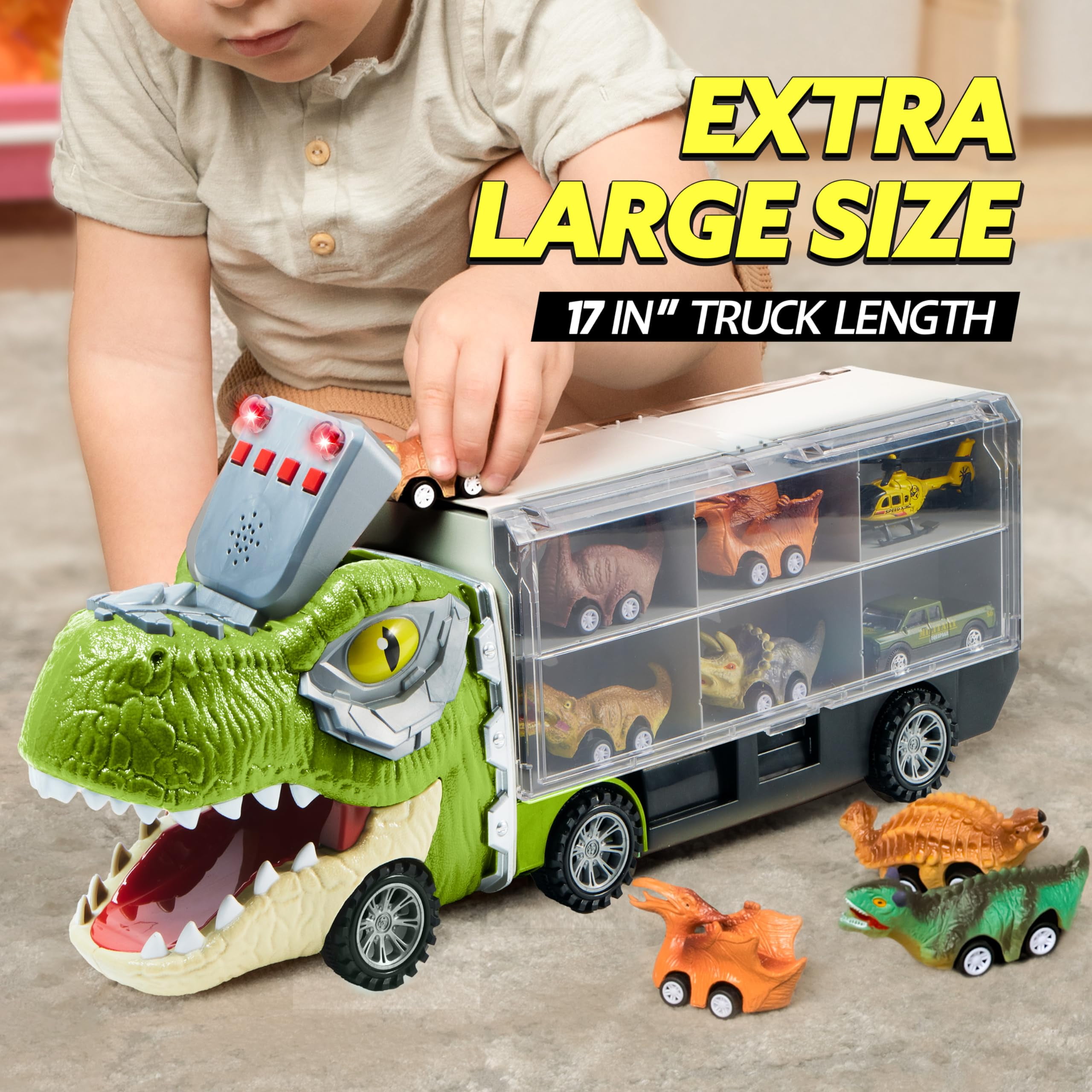 Joyfy 13 in 1 Dinosaur Truck Toys for Kids, Dinosaur Truck with Light & Sound, Including 12 Pull Back Cars, Great Christmas and Birthday Gifts Toy for Boy 3 4 5