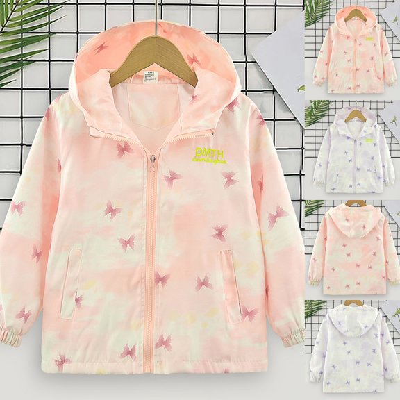 LRen Girls Gradient Butterfly Print Hooded Jacket, Lightweight Zip Up Windbreaker for Big Kids Ages 3-14, Spring Fall Outdoor Wear