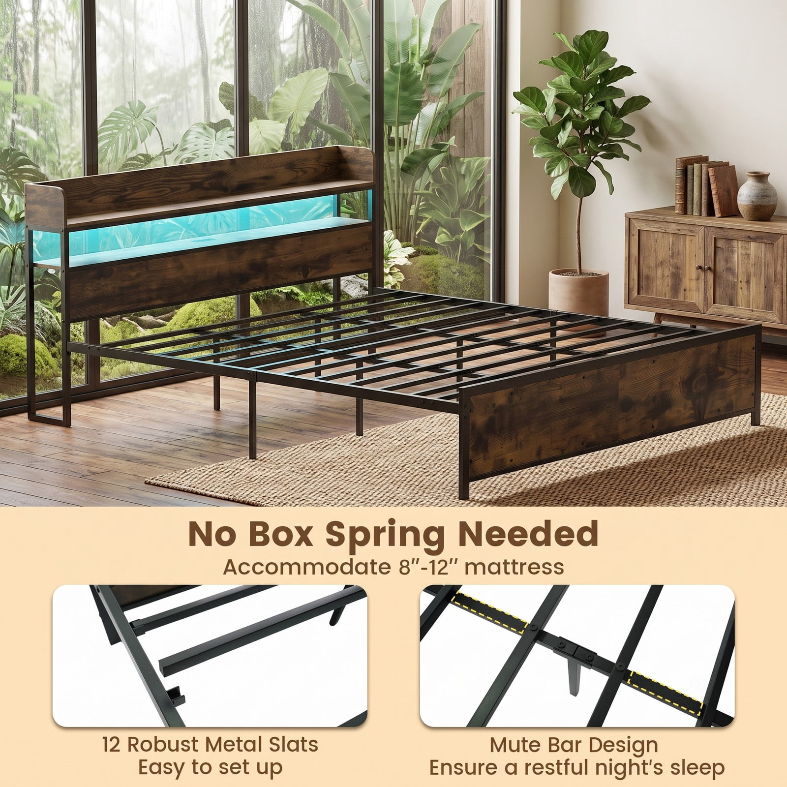 Furnibear King Size Bed Frame with Storage Headboard, LED Platform Bed Frame with Power Outlets and USB Ports, No Box Spring Needed, Rustic Brown