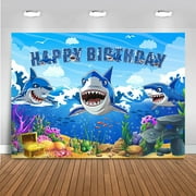 Shark Themed Birthday Backdrop Shark Under The Sea Happy Birthday for Boys Party Decorations Shark Birthday Cake Table Banner Photography Background (Blue)