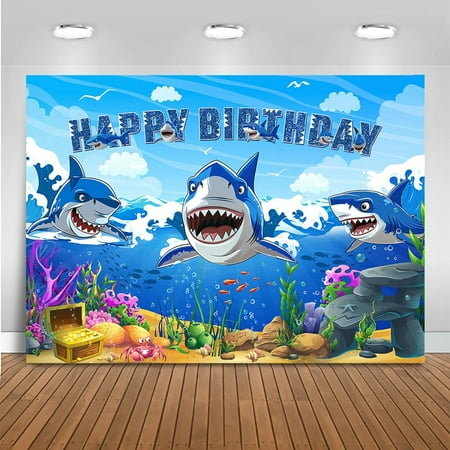 Shark Themed Birthday Backdrop Shark Under The Sea Happy Birthday for Boys Party Decorations Shark Birthday Cake Table Banner Photography Background (Blue)