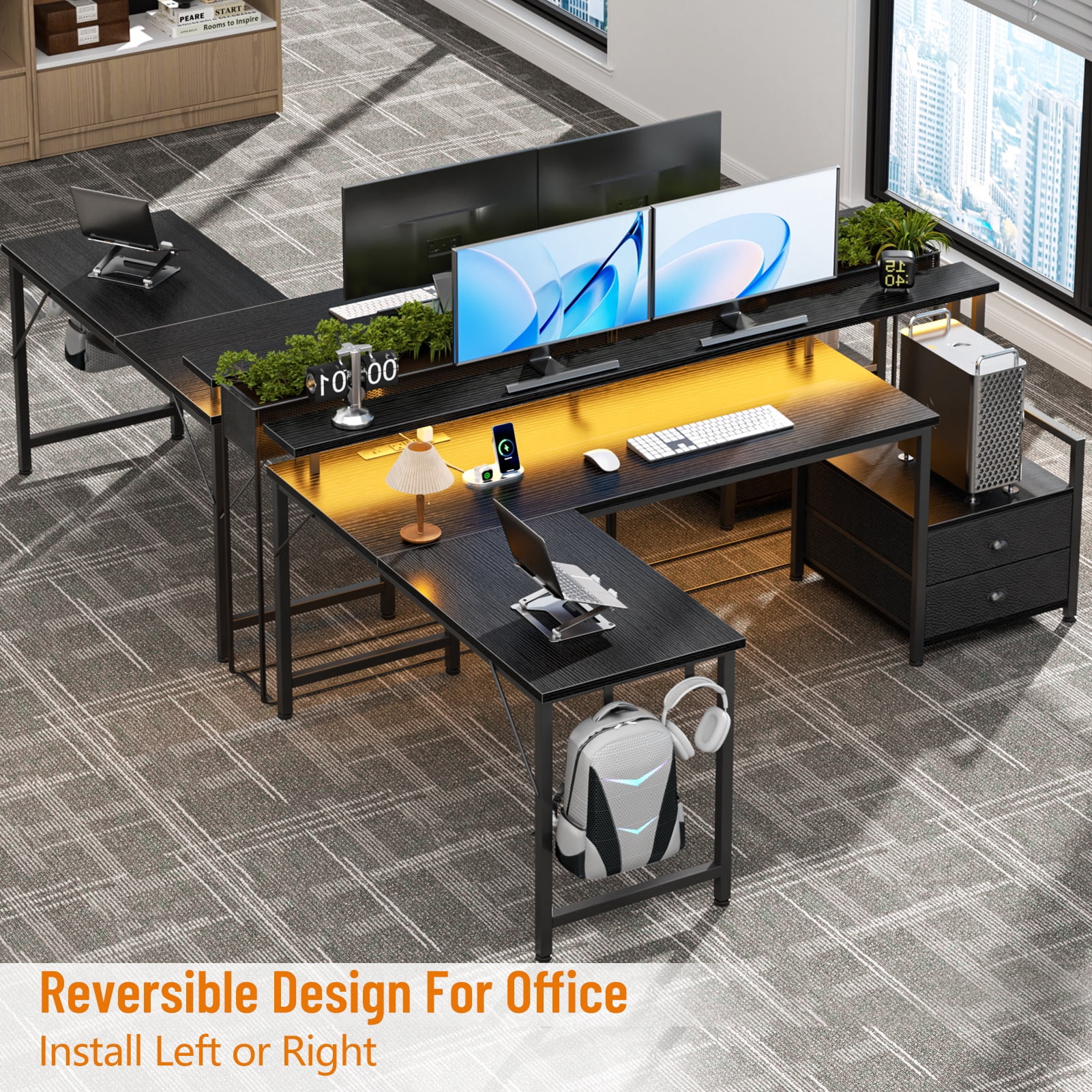 Satifur 66" L-Shaped Gaming Desk with LED Lights & Power Outlets, Computer Desk with Drawers & Printer Stand, Black