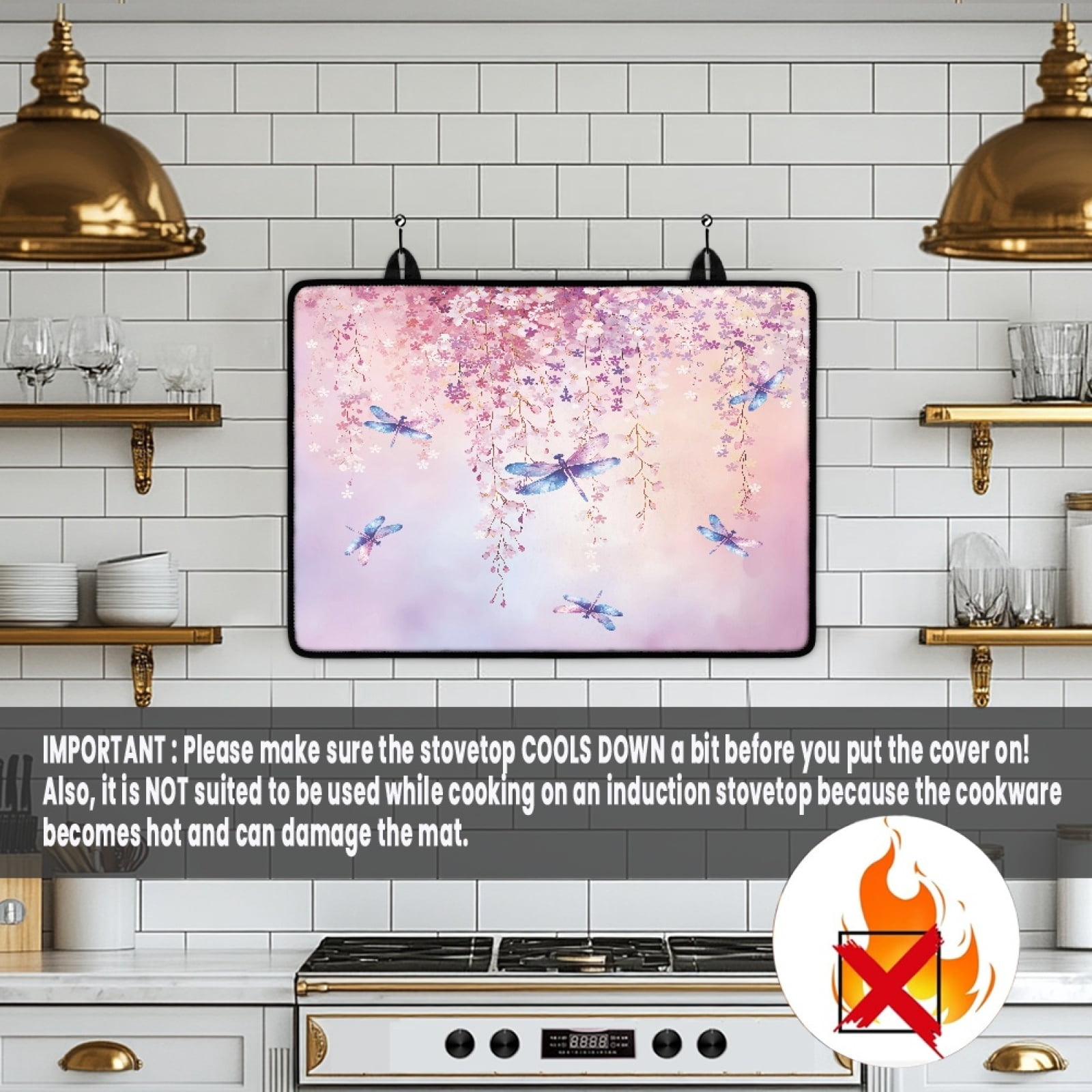ZIATUBLE Glass Ceramic Top Stove Cover Multipurpose Induction Cooktop Protector Mat with Non-Slip Rubber Backing Kitchen Accessories, 29 x 21 Inch, Flower Dragonfly
